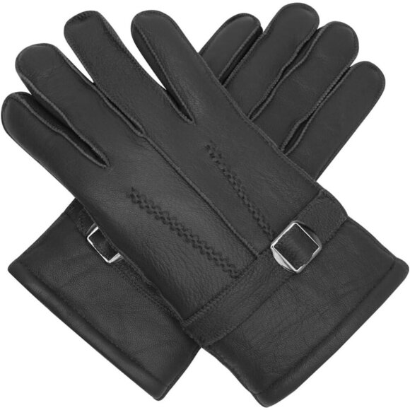Harssidanzar Men's Black Winter Leather Gloves Sheepskin Warm Shearling Lined - Picture 4 of 8